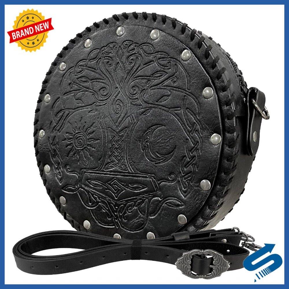 Viking Embossed Crossbody Bag Faux Leather Medieval Cosplay Adjustable Belt Bag